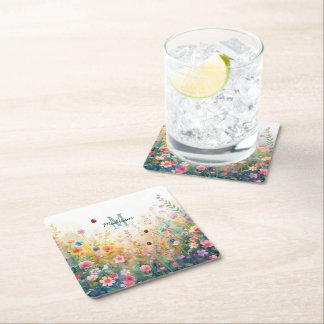 Posavasos Cuadrado De Papel Spring Watercolor ladybug Floral Monogram Wildflow