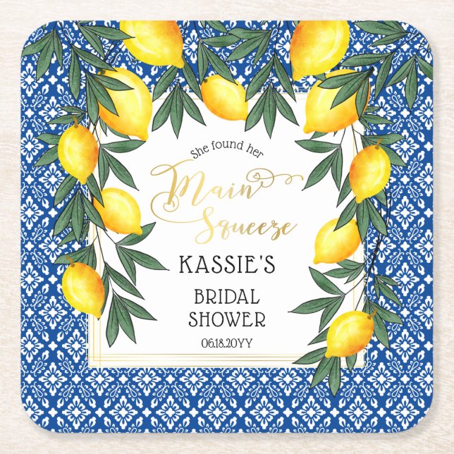 Posavasos Cuadrado De Papel Squeeze Lemons Ducha Tropical Bridal (Anverso)
