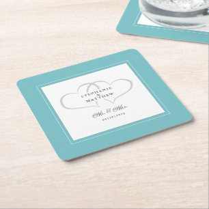 Posavasos Cuadrado De Papel Sr & Sra Aqua y Elegantes Corazones Boda Chic