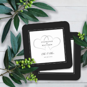 Posavasos Cuadrado De Papel Sr. y Sra. Black & White Elegant Hearts Boda Moda