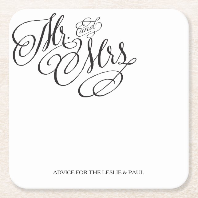 Posavasos Cuadrado De Papel Sr. y Sra. Boda Coaster (Anverso)