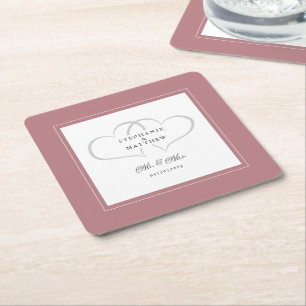 Posavasos Cuadrado De Papel Sr. y Sra. Dusty Rosa Elegant Hearts Boda Moda
