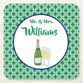 Posavasos Cuadrado De Papel Sr. y Sra. Script Bride & Groom Champagne Flutes