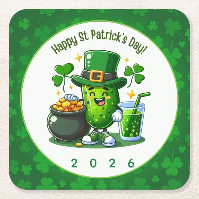 Posavasos Cuadrado De Papel St Patricks Day Happy Pickle (Anverso)