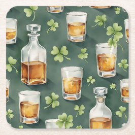 Posavasos Cuadrado De Papel St. Patrick's Day Whiskey and Shamrocks Pattern