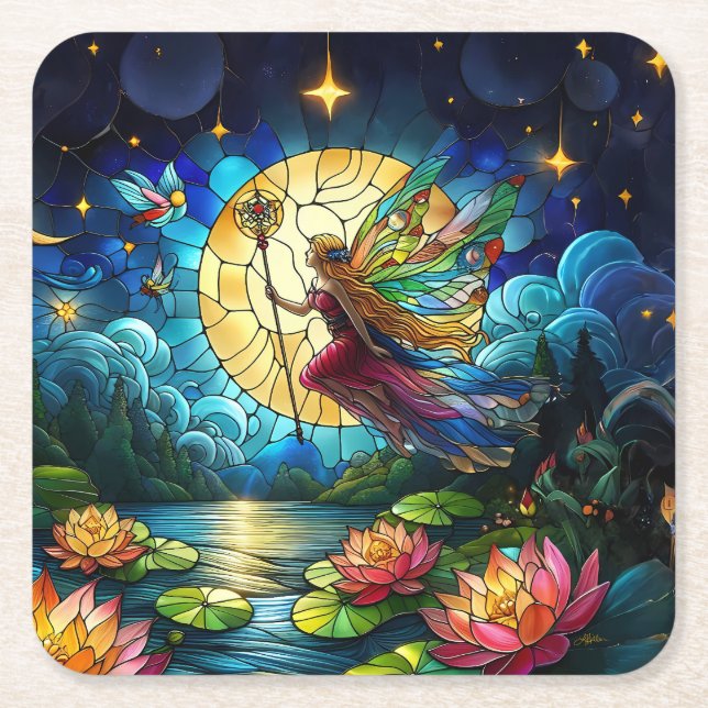 Posavasos Cuadrado De Papel Stained Glass Moonlight Flight Fairy  (Anverso)