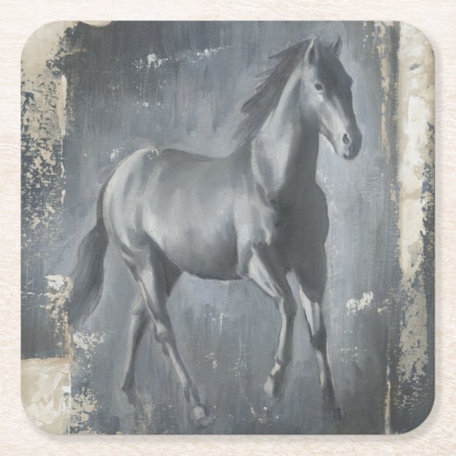 Posavasos Cuadrado De Papel Stallion de carreras negras (Anverso)