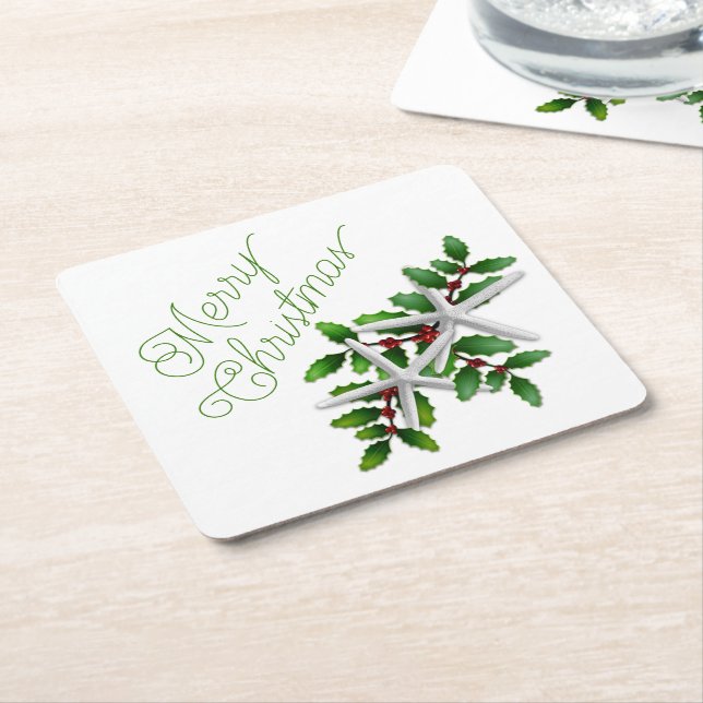 Posavasos Cuadrado De Papel Starfish Feliz Navidad Fiesta Bebidas Astras (En perspectiva)