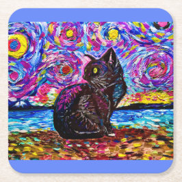 Posavasos Cuadrado De Papel Starry Night Black Kitty Coasters