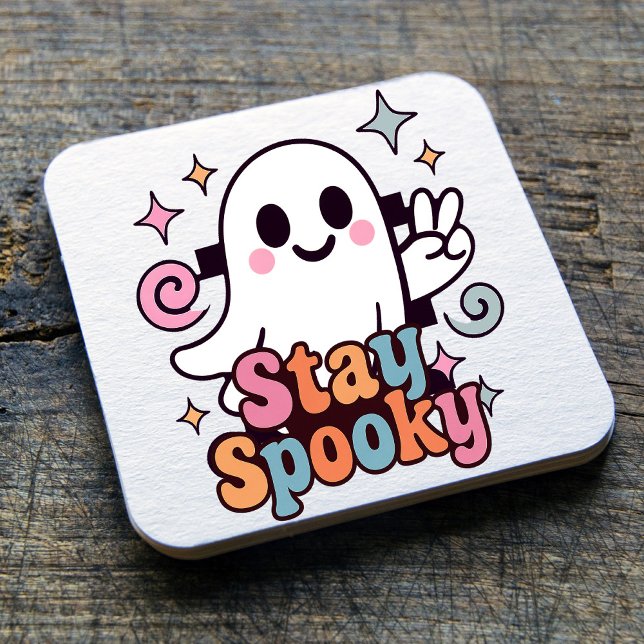 Posavasos Cuadrado De Papel Stay Spooky Groovy Ghost Retro Pastel Halloween (Celebrate Halloween season in style with this groovy ghost stay spooky design.)