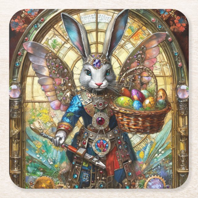 Posavasos Cuadrado De Papel Steampunk Easter Bunny Warrior Angel (Anverso)