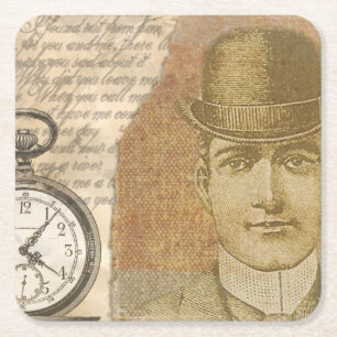 Posavasos Cuadrado De Papel Steampunk Man Pocket Watch Bowler Gorra