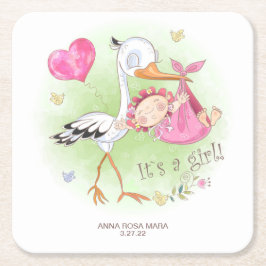 Posavasos Cuadrado De Papel *~* Stork Baby Heart Flowers Baby Shower