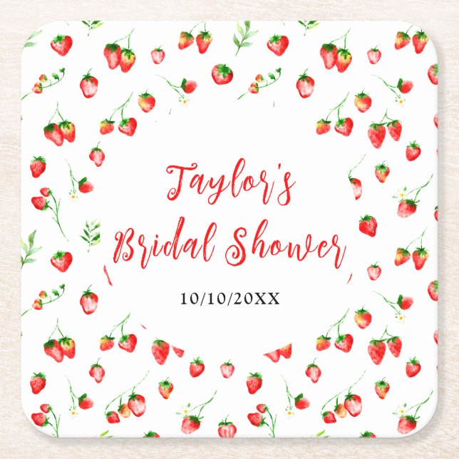 Posavasos Cuadrado De Papel Strawberries y Daisies Bridal Shower (Anverso)