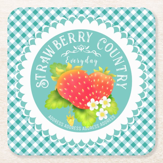 Posavasos Cuadrado De Papel Strawberry Doilies Verde azulada Gingham (Anverso)