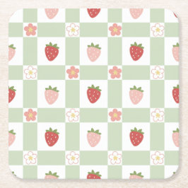 Posavasos Cuadrado De Papel Strawberry Gingham Pastel Green Party