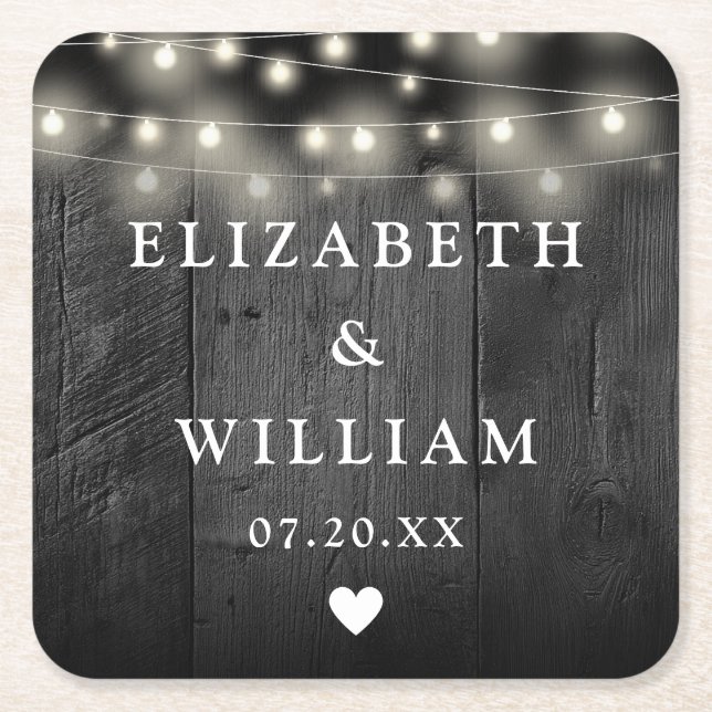 Posavasos Cuadrado De Papel String ilumina el Boda de Boho Barn de Madera Negr (Anverso)