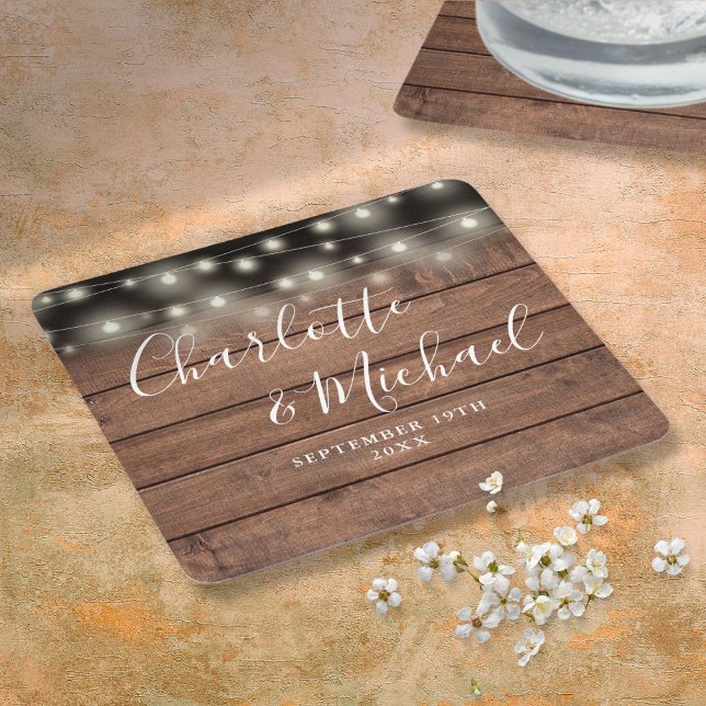 Posavasos Cuadrado De Papel String Lights Rustic Wood Signature Boda de guione (String Lights Rustic Wood Signature Script Wedding Square Paper Coaster)