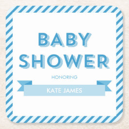 Posavasos Cuadrado De Papel Stripes Baby Shower azul moderno