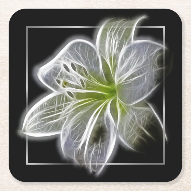 Posavasos Cuadrado De Papel Stunning White Lily Fractal Art Black (Anverso)