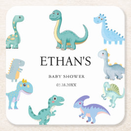 Posavasos Cuadrado De Papel Stylish Dinosaur Baby Shower White