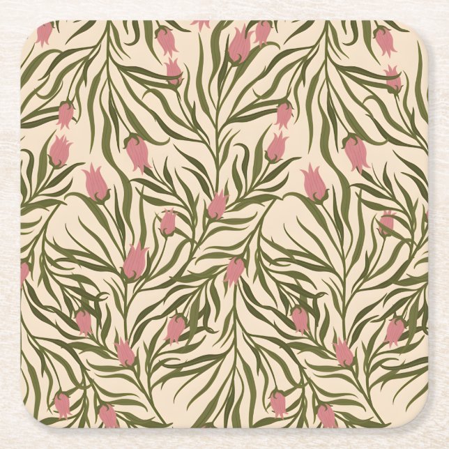Posavasos Cuadrado De Papel Stylized pink bell-shaped floral pattern (Anverso)