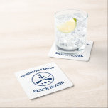 Posavasos Cuadrado De Papel Su familia Beach House Nombre Anchor Oars Stars<br><div class="desc">Elegantes galletas de bebidas con tu nombre familiar personalizado u otro texto,  un ancla náutica personalizado con remos cruzados y estrellas de azul marino sobre blanco o elige colores de fondo para que coincidan con tu decoración.</div>