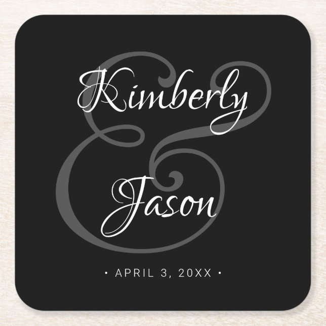 Posavasos Cuadrado De Papel Su y sus nombres de escritura blanca, Boda negro (Anverso)