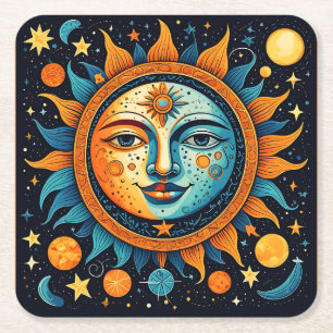Posavasos Cuadrado De Papel Sudadera del Sol y la Luna Celestiales