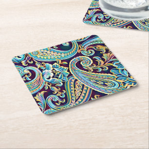 Posavasos Cuadrado De Papel Sueño Azul y Amarillo Vintage Paisley