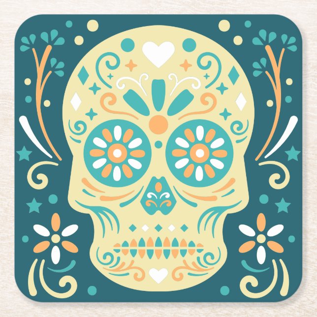 Posavasos Cuadrado De Papel Sugar Skull Verde azulado y Naranja (Anverso)