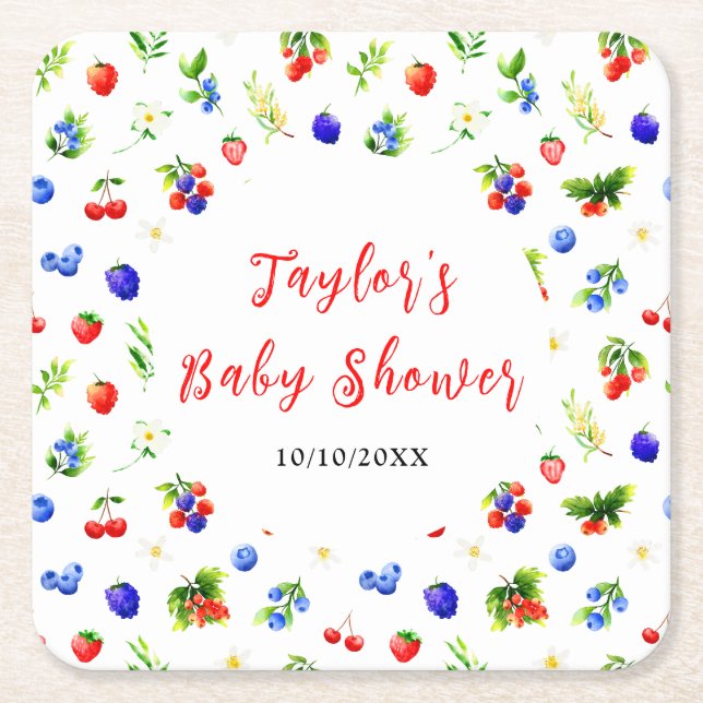 Posavasos Cuadrado De Papel Summer Mixed Berries Baby Shower (Anverso)