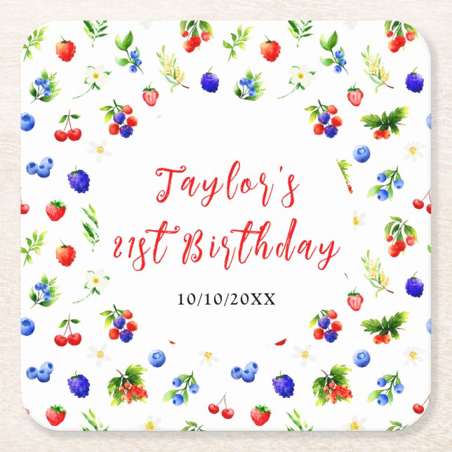 Posavasos Cuadrado De Papel Summer Mixed Berries Birthday Party (Anverso)