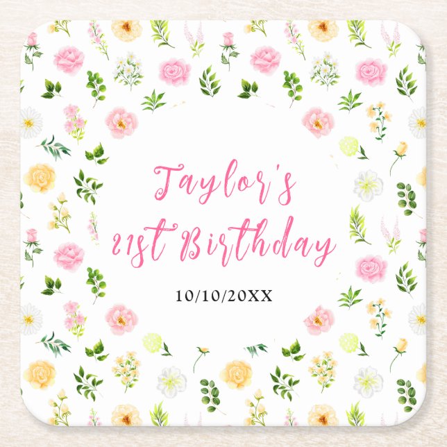 Posavasos Cuadrado De Papel Summer Pink and Yellow Floral Birthday (Anverso)