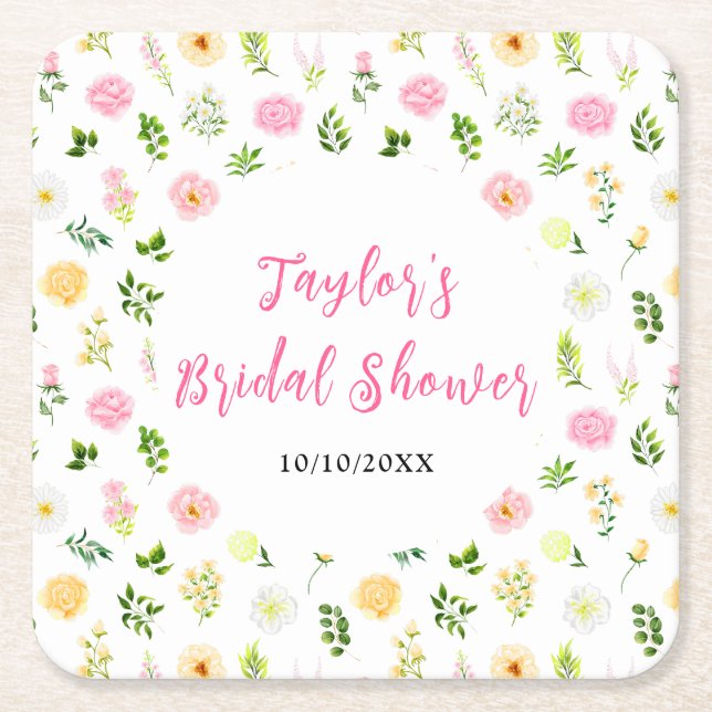 Posavasos Cuadrado De Papel Summer Pink and Yellow Floral Bridal Shower (Anverso)