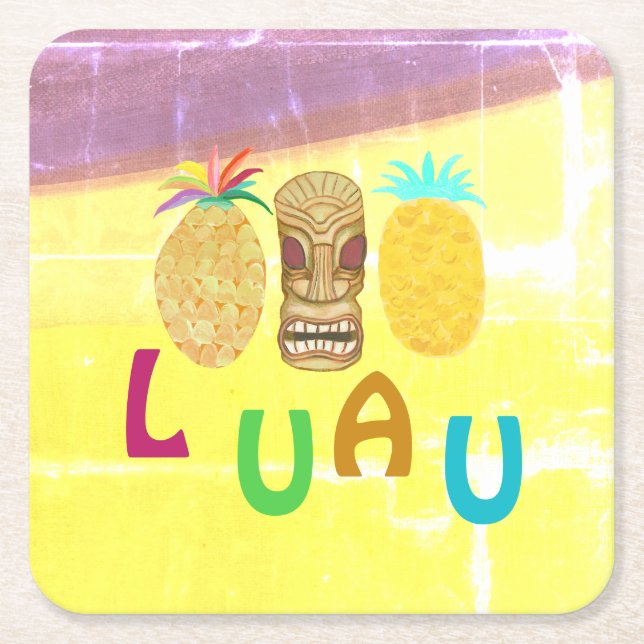 Posavasos Cuadrado De Papel Summer Tiki Pineapple Luau (Anverso)