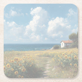 Posavasos Cuadrado De Papel Sunflower Field Path to the Sea | Acrylic