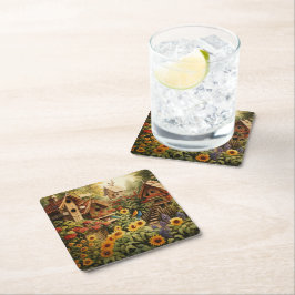 Posavasos Cuadrado De Papel Sunflower Garden 13 Casas de Aves Azules