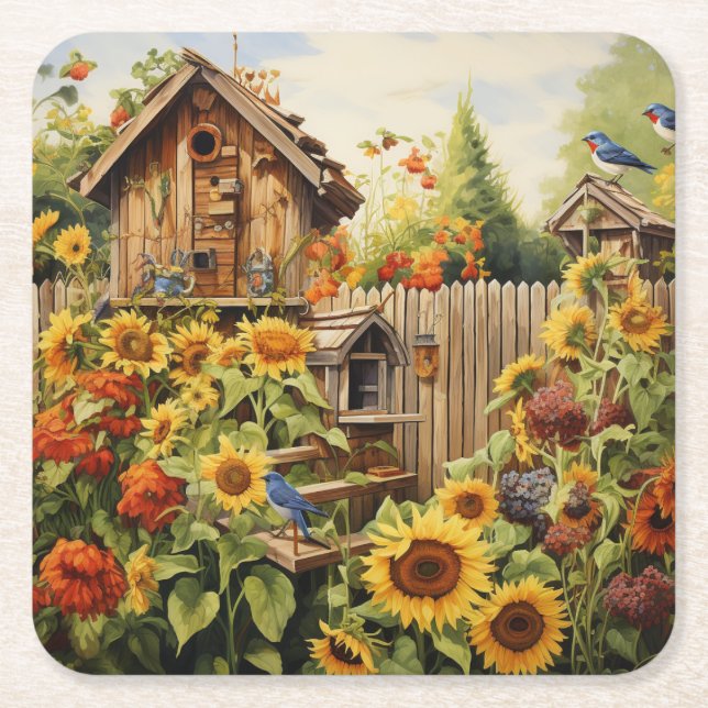 Posavasos Cuadrado De Papel Sunflower Garden 2 Casas de Aves Azules (Anverso)