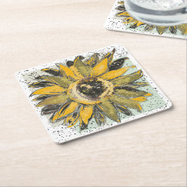 Posavasos Cuadrado De Papel Sunflower Yellow Green Black Watercolor Style Art