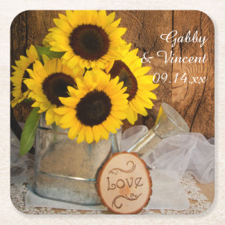 Posavasos Cuadrado De Papel Sunflowers and Garden Waters Can Barn Boda