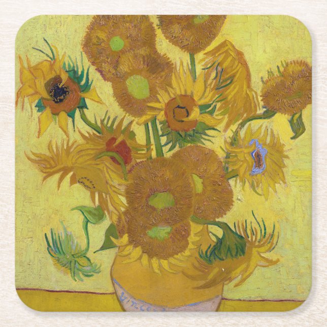 Posavasos Cuadrado De Papel Sunflowers, Vincent van Gogh, 1889 (Anverso)