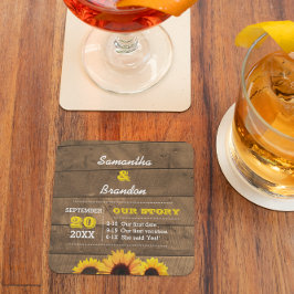 Posavasos Cuadrado De Papel Sunflowers y Rustic Wood Boda personalizado
