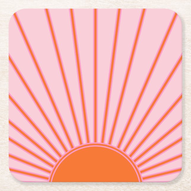 Posavasos Cuadrado De Papel Sunrise Pastel Rosa Y Sol Naranja (Anverso)
