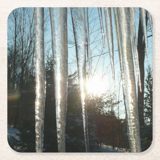 Posavasos Cuadrado De Papel Sunrise Through Icicles Winter Nature Photography (Anverso)