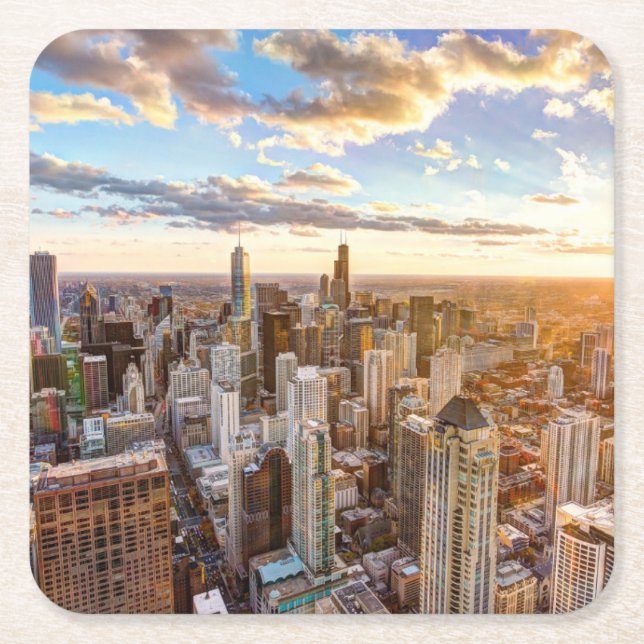 Posavasos Cuadrado De Papel Sunset en Chicago (Anverso)