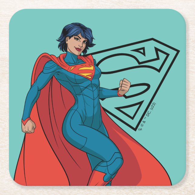 Posavasos Cuadrado De Papel Supergirl abusando de un traje azul (Anverso)
