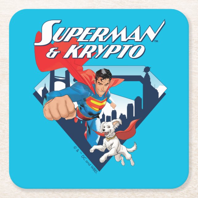 Posavasos Cuadrado De Papel Superman y Krypto Soar (Anverso)