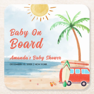 Posavasos Cuadrado De Papel Surf Beach Baby A Bordo Baby Shower