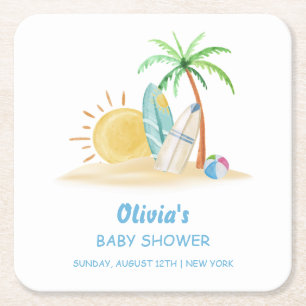 Posavasos Cuadrado De Papel Surfboard Sunshine Beach Palm Tree Baby Shower